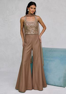 Brown Mirror Work Silk Fusion Set