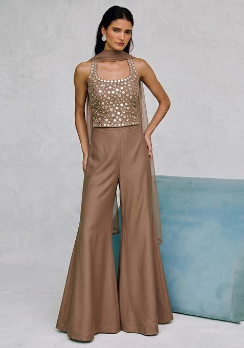 Brown Mirror Work Silk Fusion Set