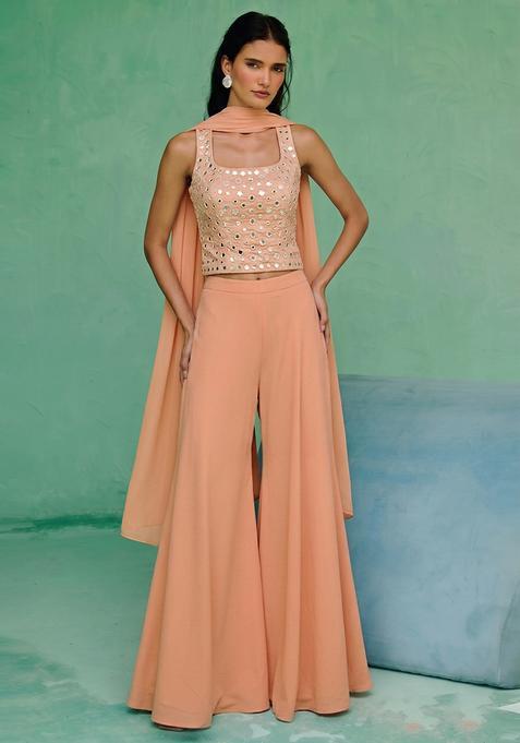Peach Mirror Work Silk Fusion Set