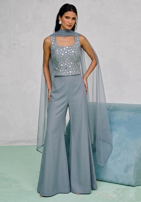 Pastel Blue Mirror Work Silk Fusion Set