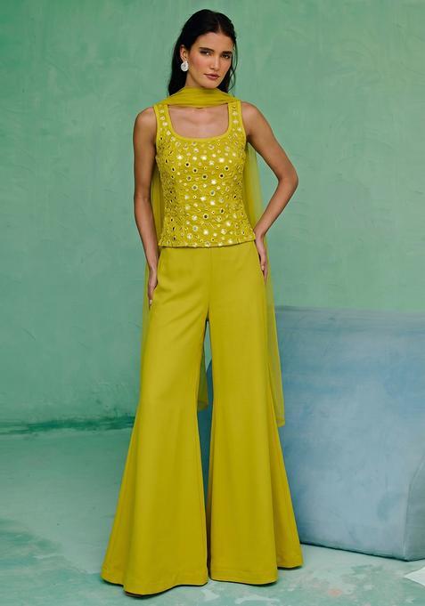 Lime Yellow Mirror Work Silk Fusion Set