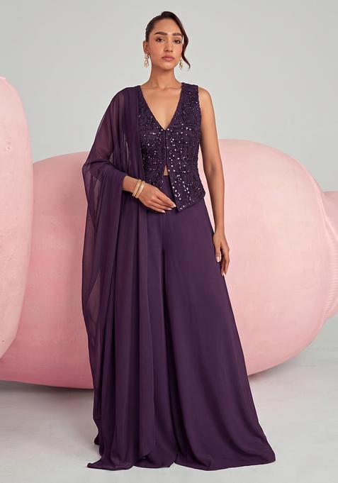 Deep Purple Embroidered Net Fusion Set
