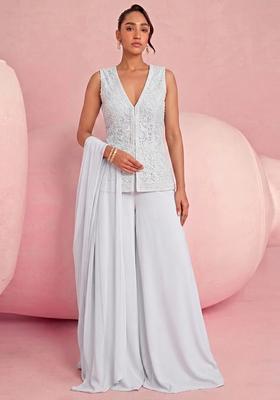 Light Grey Embroidered Net Fusion Set