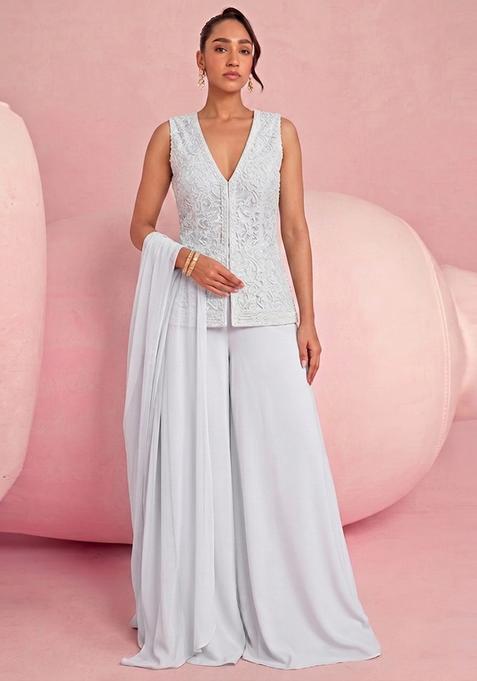 Light Grey Embroidered Net Fusion Set