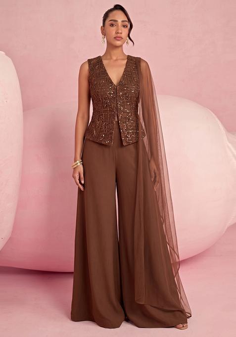 Chocolate Brown Embroidered Net Fusion Set