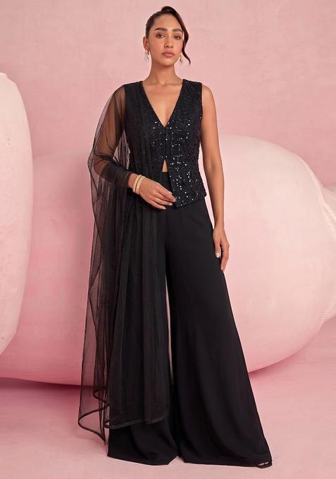 Black Embroidered Net Fusion Set