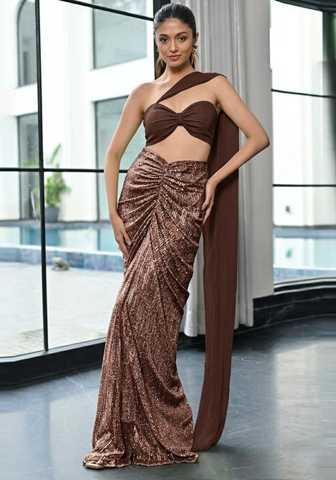 Chocolate Brown Sequin Georgette Fusion Set