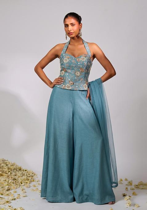 Dusty Blue Embroidered Georgette Fusion Set