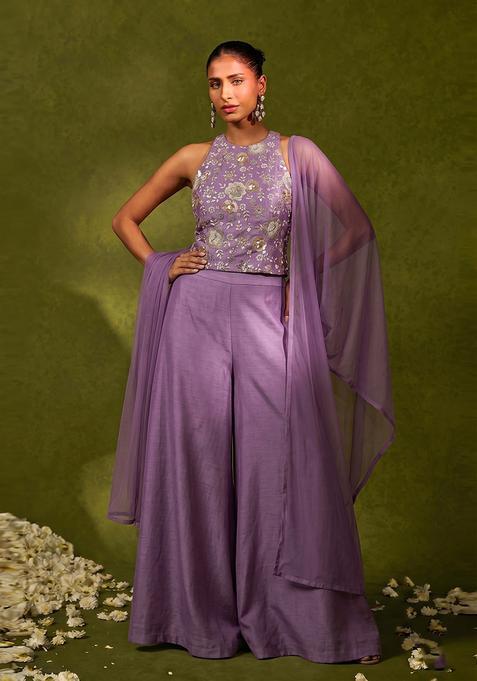 Lavender Embroidered Georgette Fusion Set