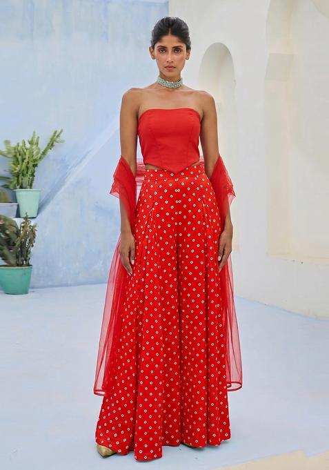 Bright Red Embroidered Silk Fusion Set