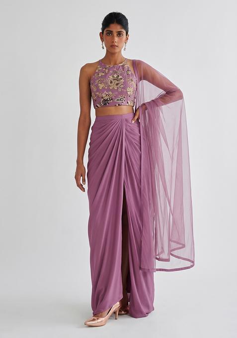 Mauve Printed Crepe Fusion Set