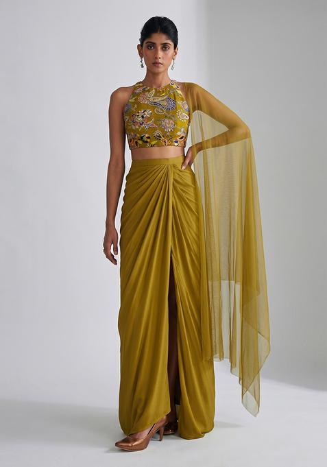 Olive Green Embroidered Crepe Fusion Set
