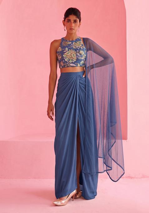 Dusty Blue Embroidered Crepe Fusion Set