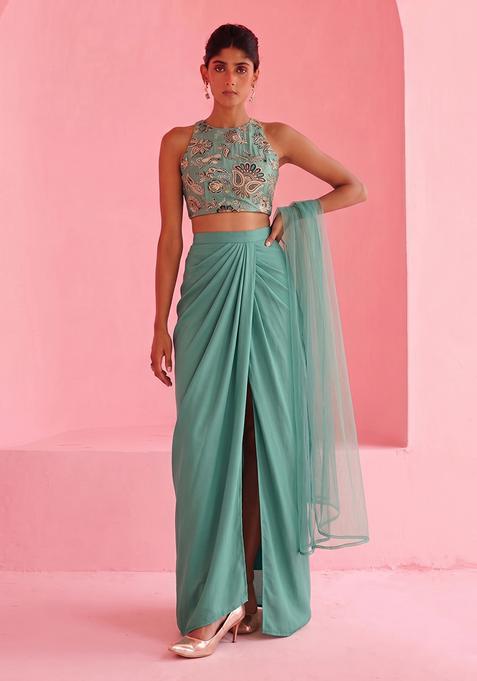 Sea Green Embroidered Crepe Fusion Set