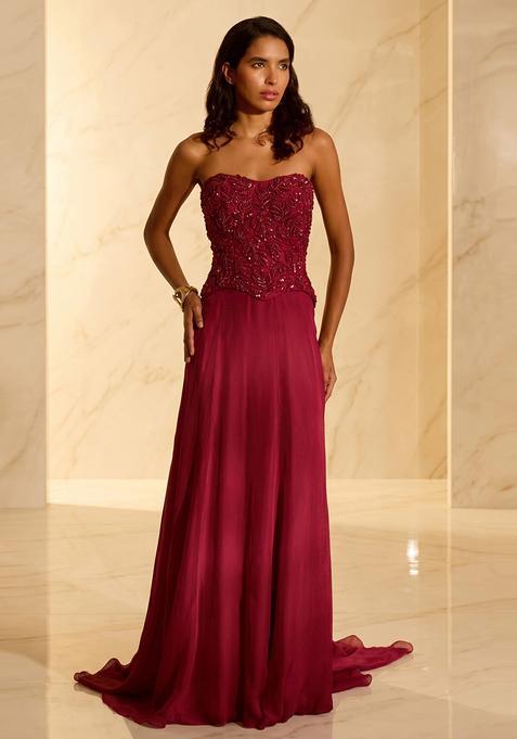 Wine Red Embroidered Handwork Fusion Set