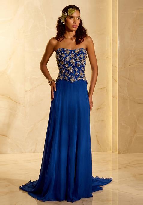 Royal Blue Embroidered Handwork Fusion Set