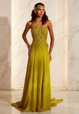 Lime Yellow Embroidered Handwork Fusion Set