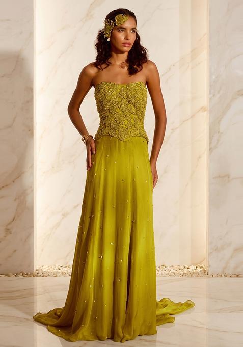 Lime Yellow Embroidered Handwork Fusion Set