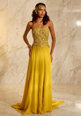 Mustard Embroidered Handwork Fusion Set
