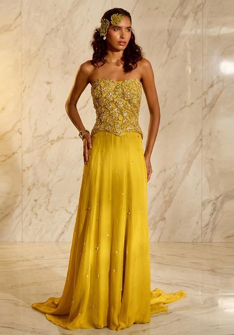 Mustard Embroidered Handwork Fusion Set