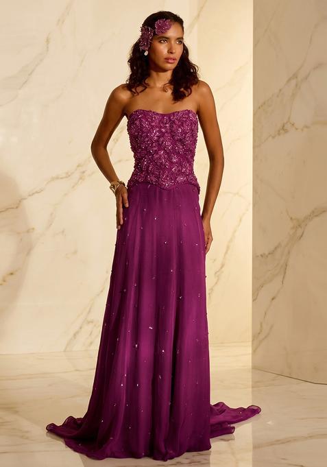 Magenta Embroidered Handwork Fusion Set