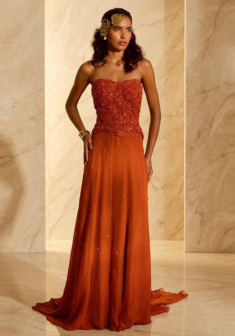 Rust Embroidered Handwork Fusion Set