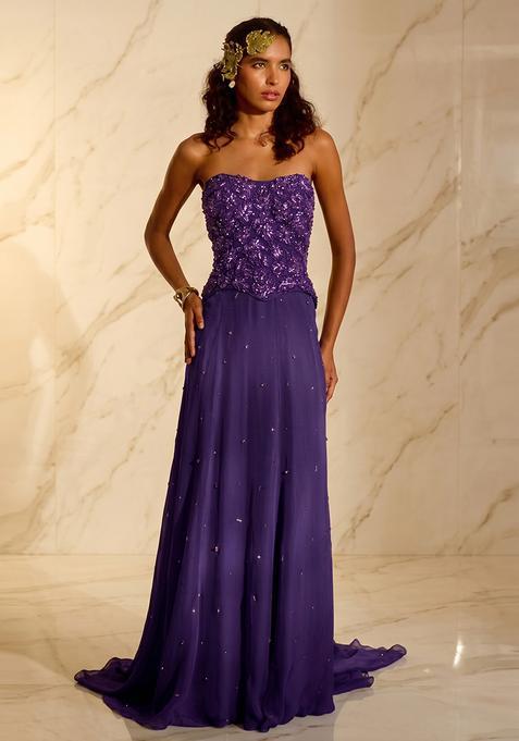 Deep Purple Embroidered Handwork Fusion Set