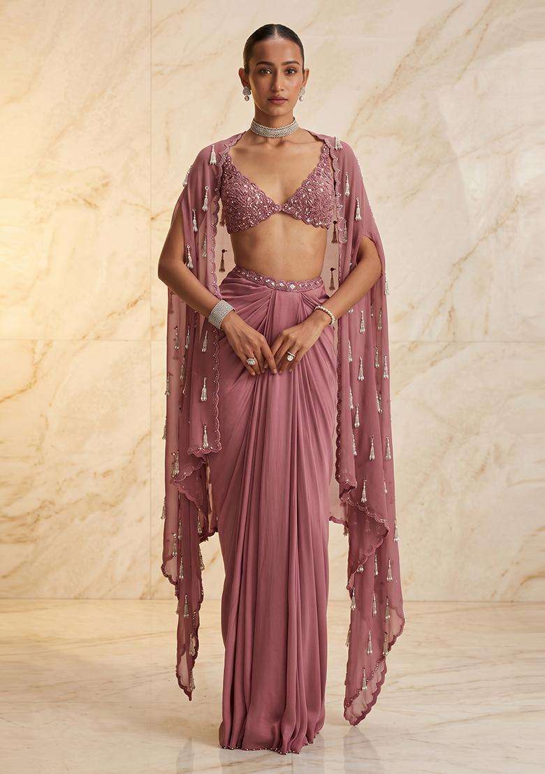 Dusty Mauve Embroidered Handwork Fusion Set - Indya