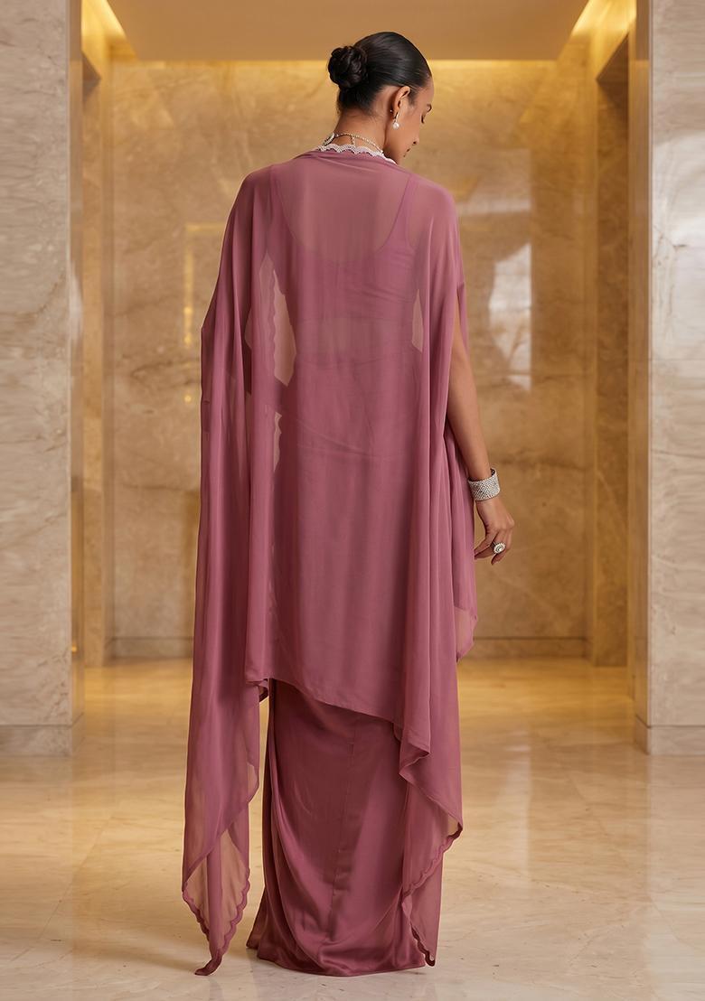 Dusty Mauve Embroidered Handwork Fusion Set - Indya