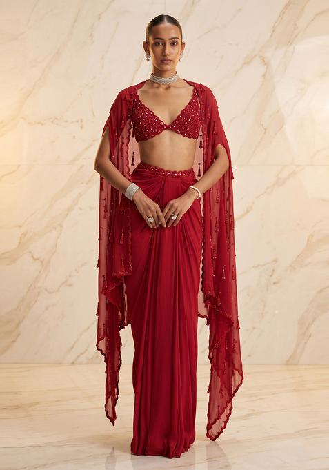 Crimson Red Embroidered Handwork Fusion Set