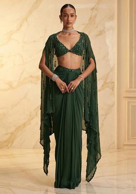 Emerald Green Embroidered Handwork Fusion Set