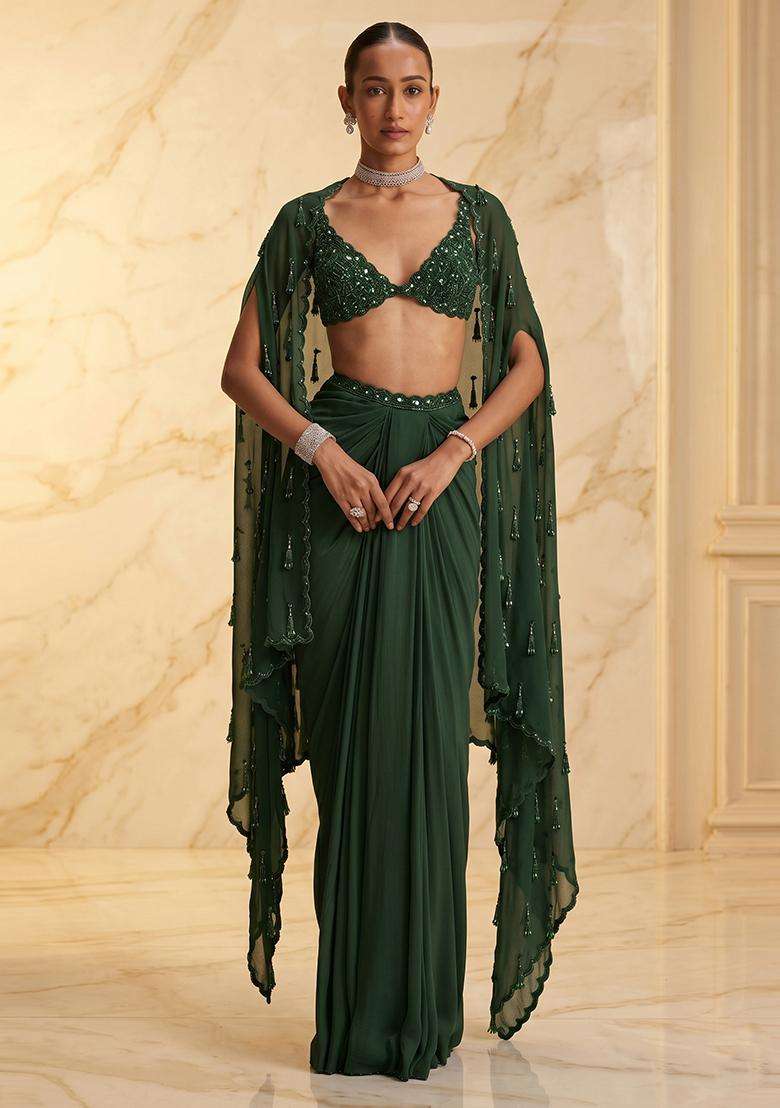 Emerald Green Embroidered Handwork Fusion Set - Indya