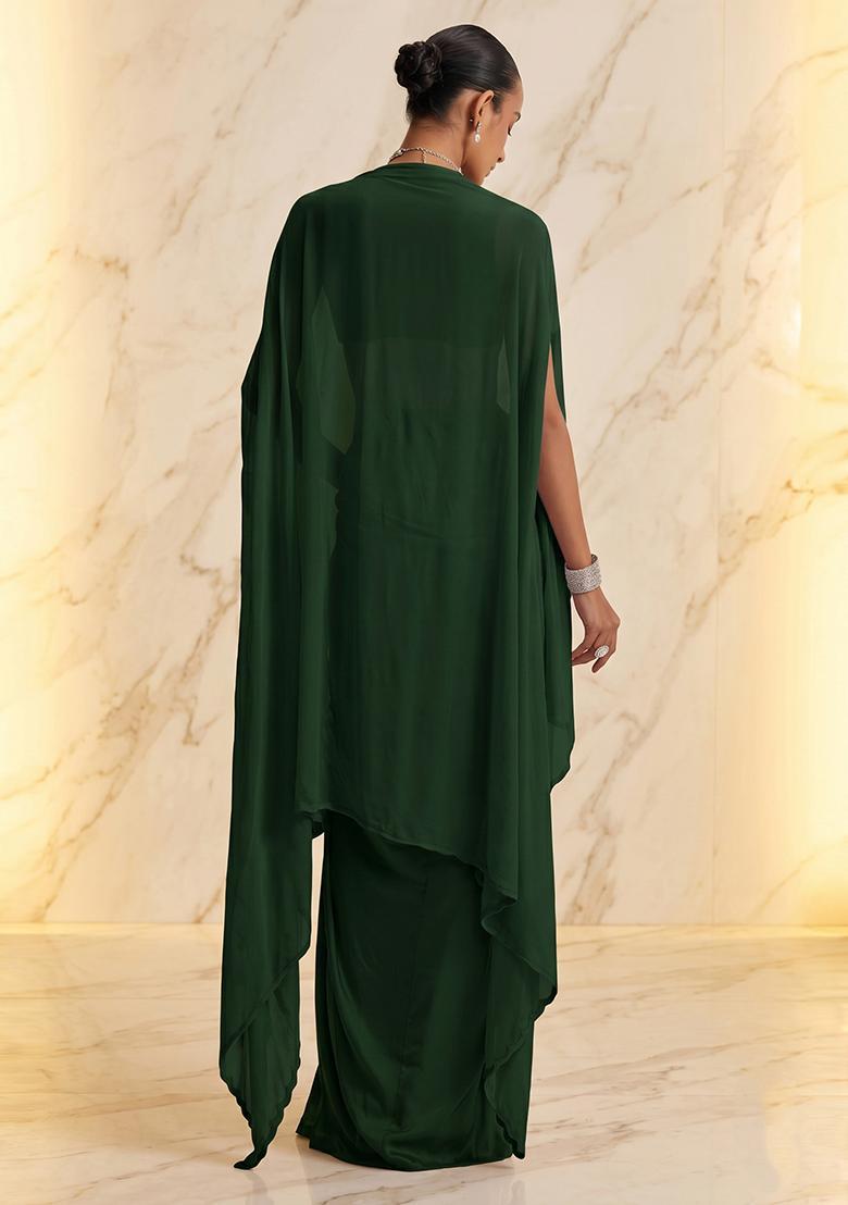 Emerald Green Embroidered Handwork Fusion Set - Indya