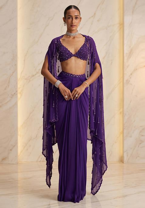 Deep Purple Embroidered Handwork Fusion Set