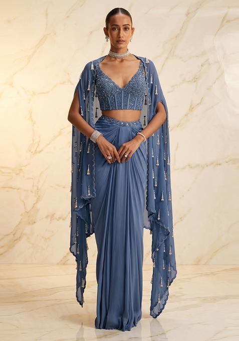 Dusty Blue Embroidered Handwork Fusion Set