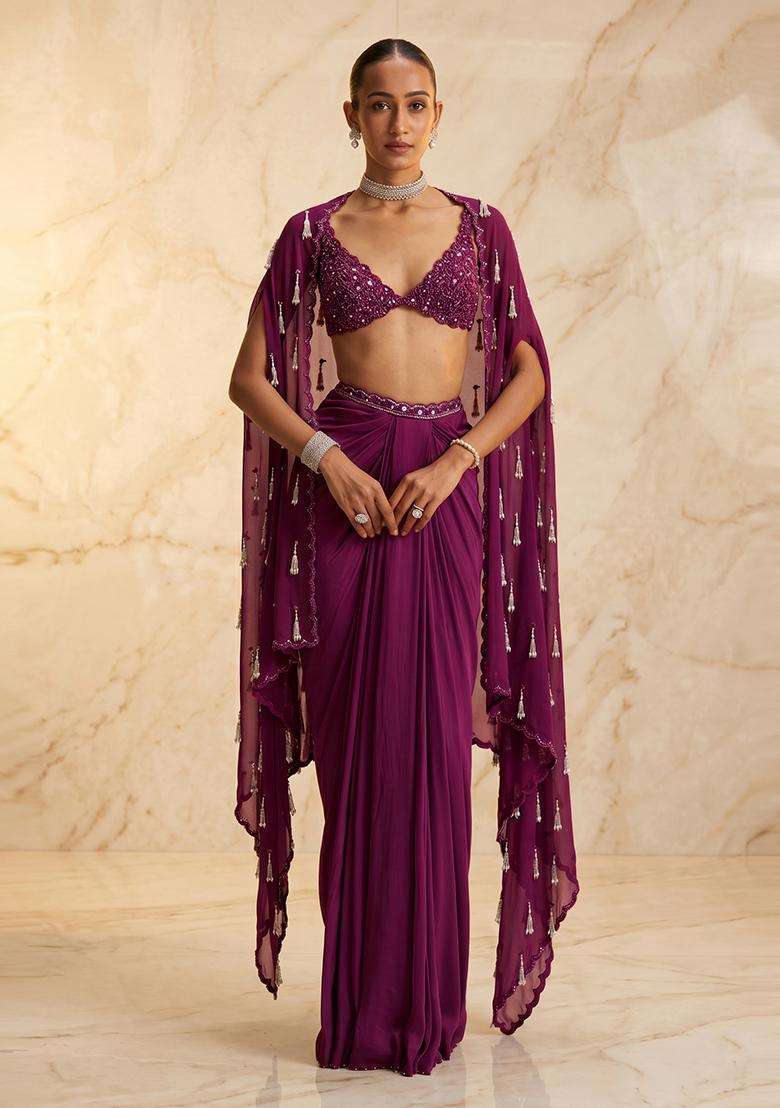 Purple Embroidered Handwork Fusion Set - Indya