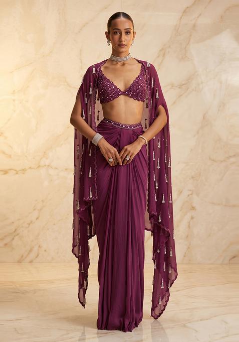 Purple Embroidered Handwork Fusion Set