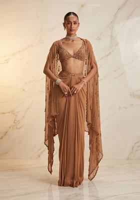 Brown Embroidered Handwork Fusion Set