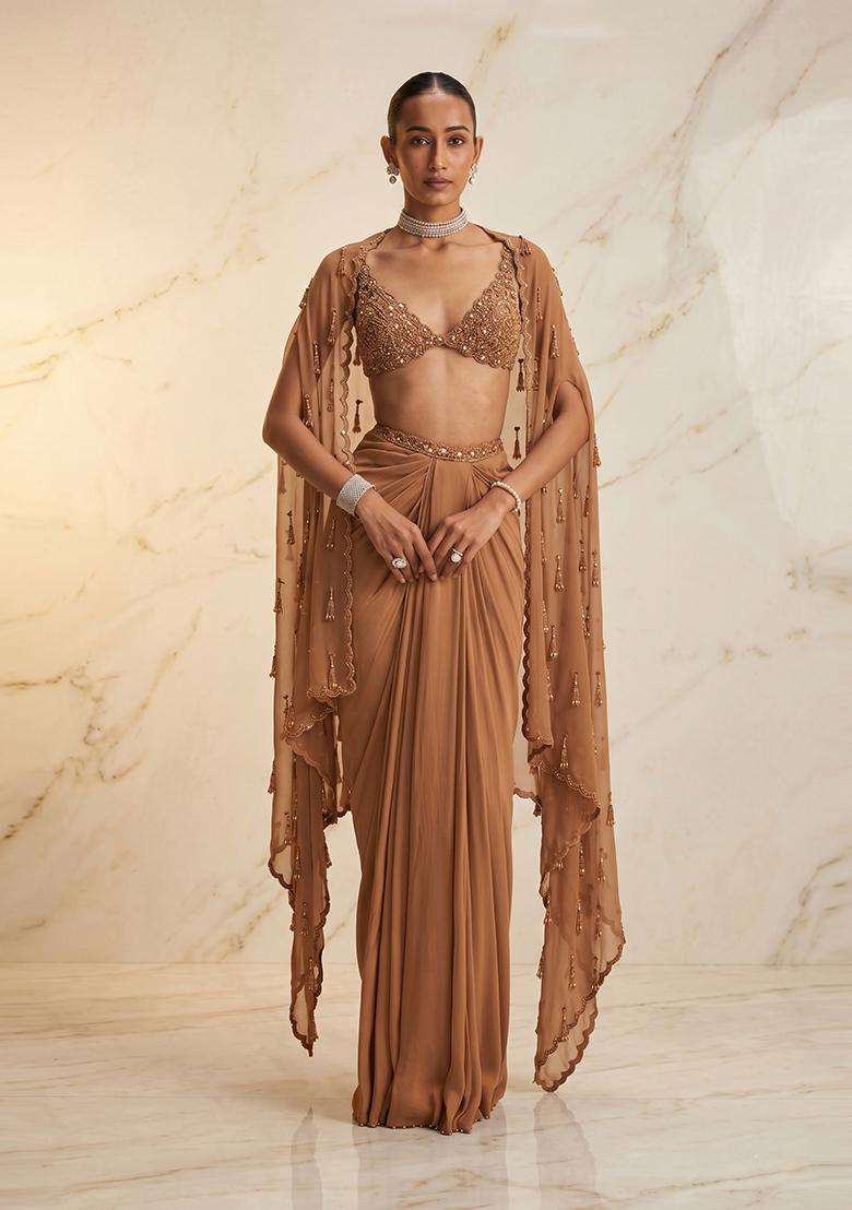 Brown Embroidered Handwork Fusion Set - Indya