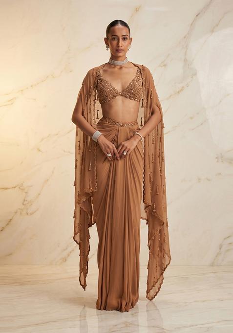 Brown Embroidered Handwork Fusion Set
