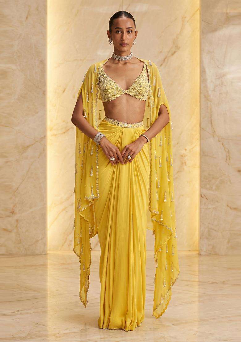 Bright Yellow Embroidered Handwork Fusion Set - Indya