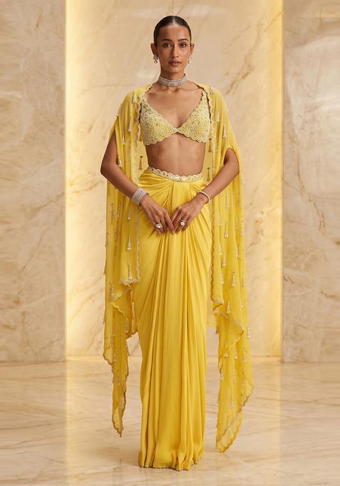 Bright Yellow Embroidered Handwork Fusion Set