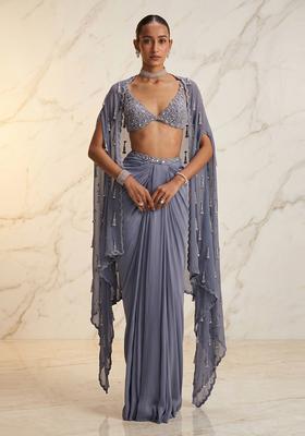 Dusty Blue Embroidered Handwork Fusion Set