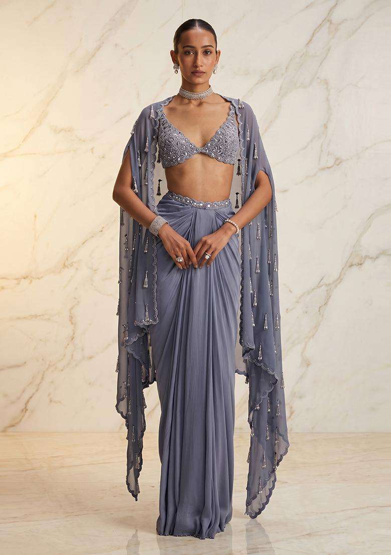 Dusty Blue Embroidered Handwork Fusion Set - Indya