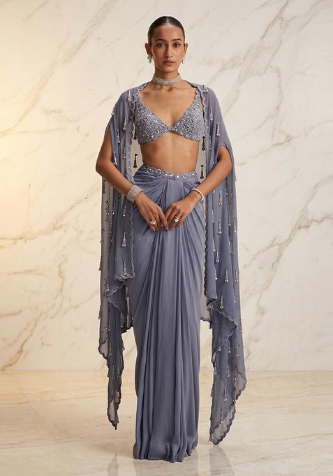 Dusty Blue Embroidered Handwork Fusion Set
