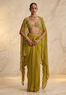 Olive Green Embroidered Handwork Fusion Set