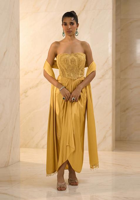 Yellow Embroidered Handwork Fusion Set