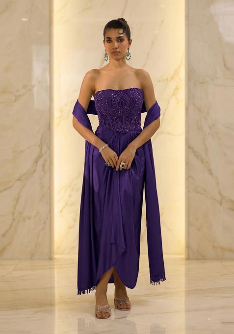 Purple Embroidered Handwork Fusion Set