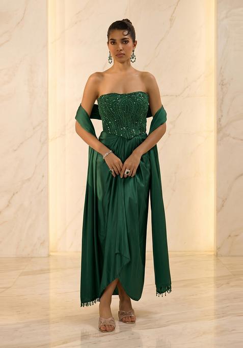 Emerald Green Embroidered Handwork Fusion Set