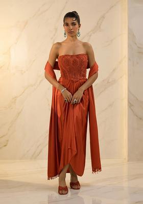 Rust Orange Embroidered Handwork Fusion Set